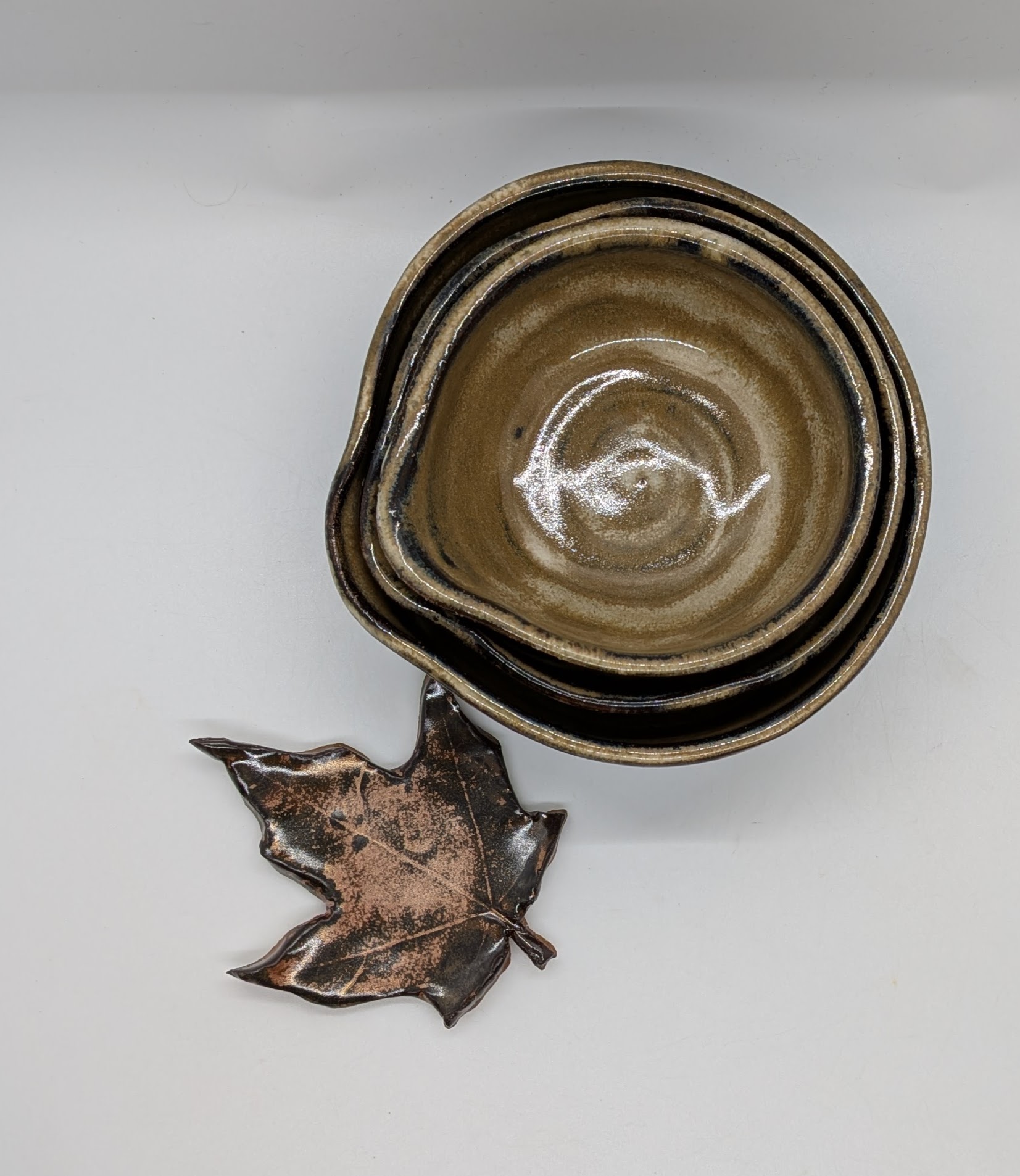 Autumnal Prep Bowls - Check out these warm, fallen-leaf-and-caramel-latte vibes! Anyone who loves fall as much as I do will appreciate these copper-exterior bowls with a rich, warm interior. As with all my prep bowls, they're super handy for melting butter, blending spices, serving snacks, and tons of other uses! They look great with any of my leaf spoon rests, too. - 30